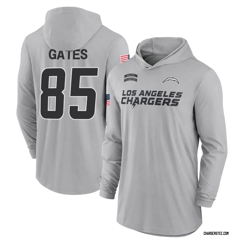 Antonio Gates Los Angeles Chargers Men's Gray 2024 Salute to Service Lightweight Performance Long Sleeve Hooded T-Shirt